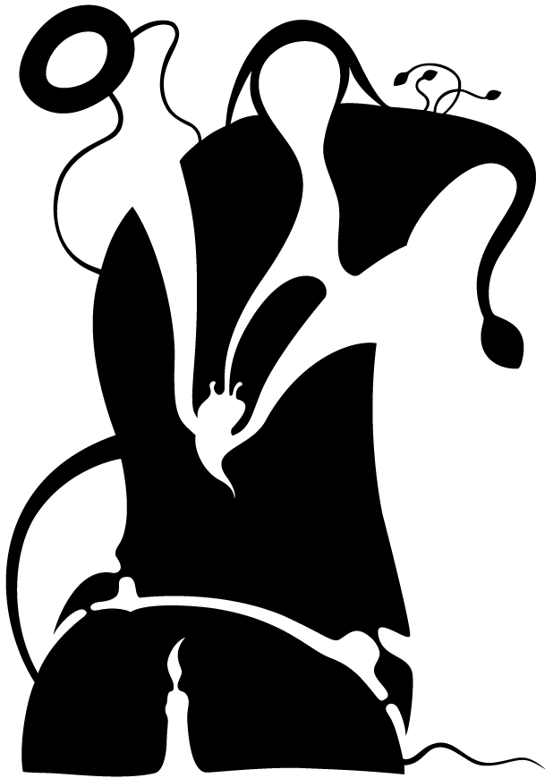 This is an abstract drawing in black in the art style of sharp lines, curves with some touch of figurative ellements