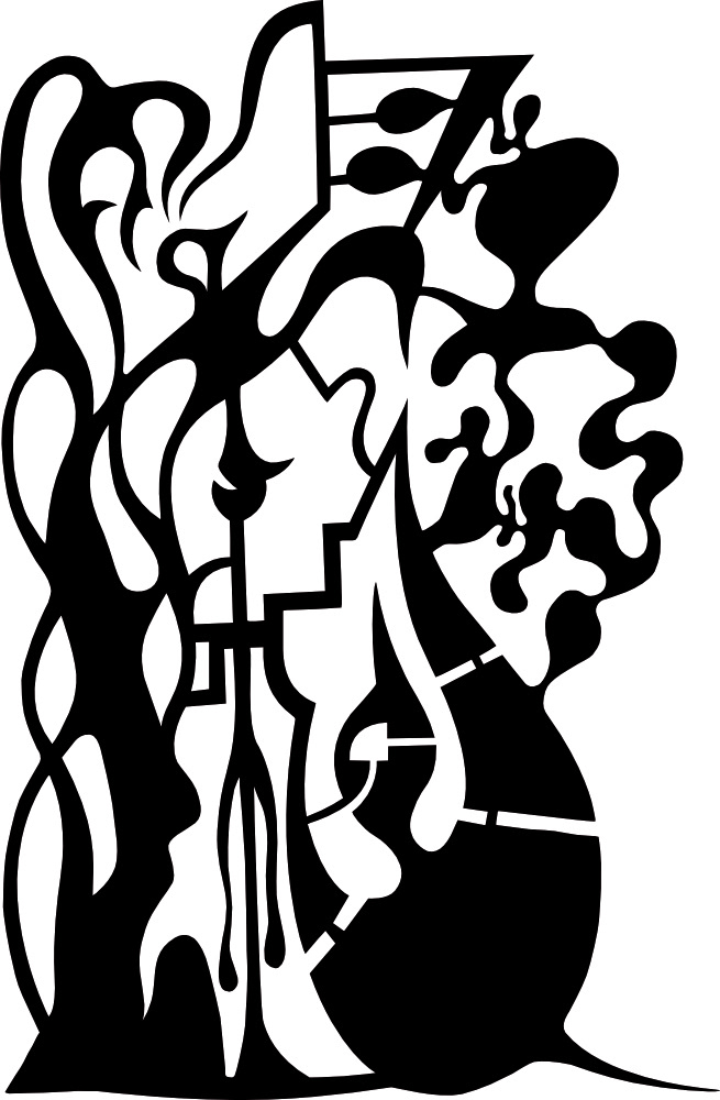 This is an abstract drawing in black in the art style of sharp lines, curves with some touch of figurative ellements
