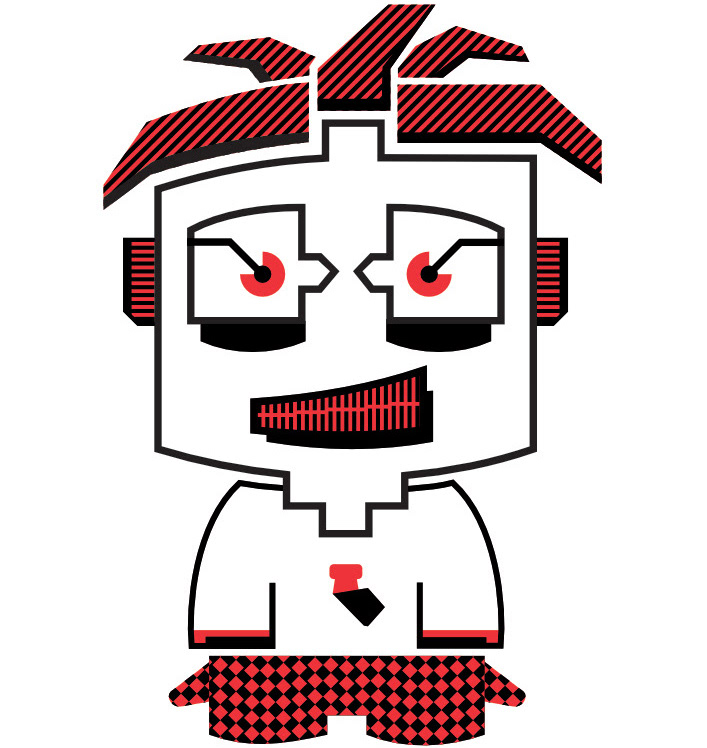 Illustration of a character in red and black thick lines, very android looking like personality with a tie, shorts and dreadlocks