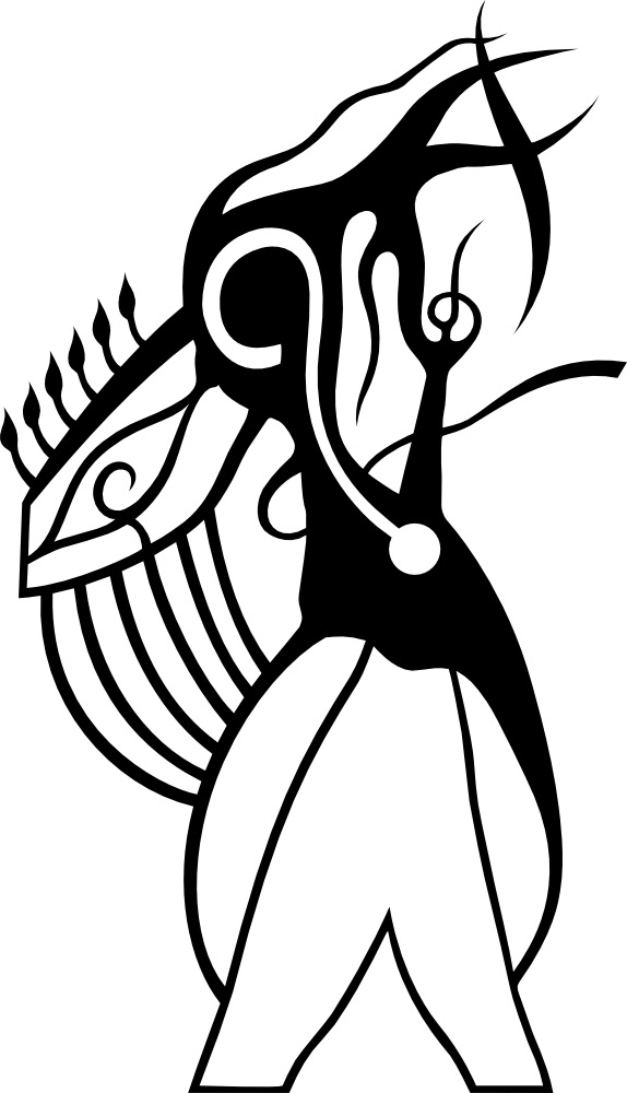 This is an abstract drawing in black in the art style of sharp lines, curves with some touch of figurative ellements