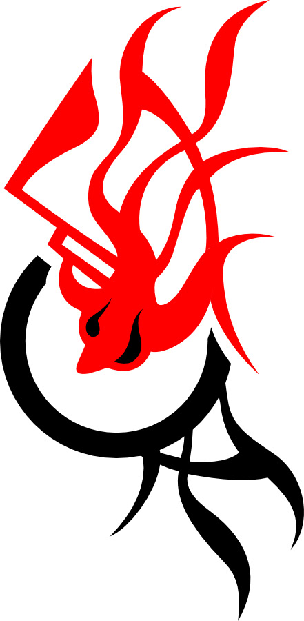 This is an abstract drawing in red and black in the art style of sharp lines, curves with some touch of figurative ellements, it looks like a tribal shark figure