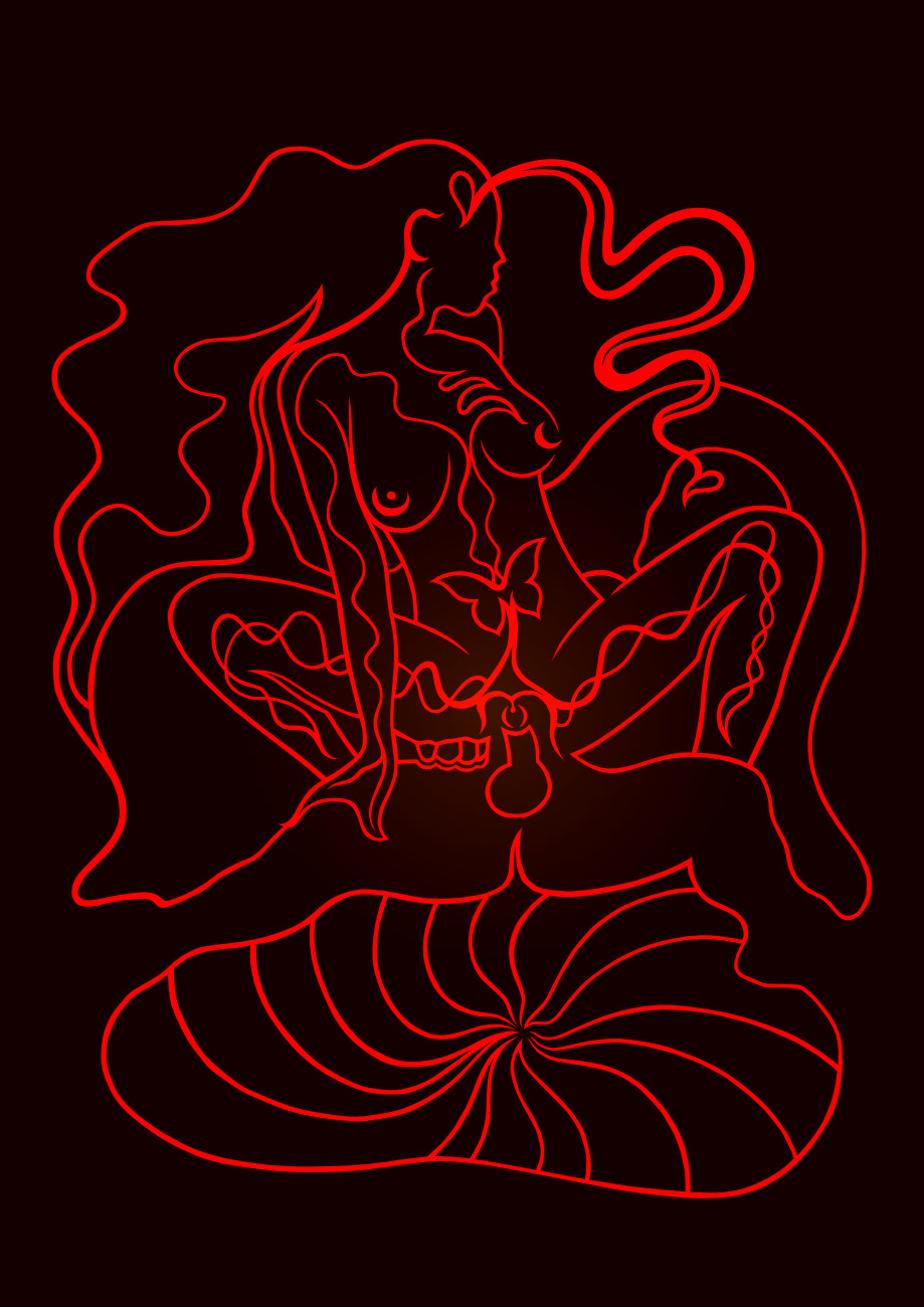 This is an abstract drawing in red and dark red background in the art style of sharp lines, curves with some touch of figurative ellements